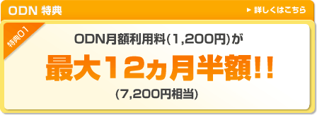 ODN特典 特典1 ODN月額利用料最大12ヵ月半額(7,560円相当) 特典2 ODN訪問サポート無料(7,875円相当)