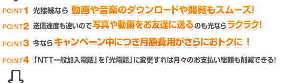 point1 ���ڑ��Ȃ瓮��≹�y�̃_�E�����[�h��{�����X���[�Y�I�@point2 ���M���x�������̂Ŏʐ^�⓮������F�B�ɑ���̂����Ȃ烉�N���N�I�@point3 ���Ȃ�L�����y�[�����ɂ����z��p�������Ԗ����ɁI�@point4 �uNTT��ʉ����d�b�v���u���d�b�v�ɕύX����Ό��X�̂��x�������z���팸�ł���I